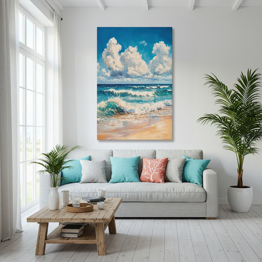 Framed Wall Art: Coastal seascape painting in blue and turquoise, adding a touch of serenity to any interior. Perfect for beach house decor!