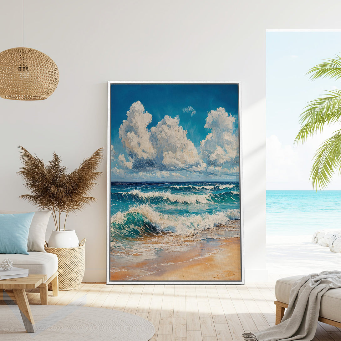 Framed Wall Art: Coastal waves canvas print in blue and beige. Perfect beach house decor, adding a touch of serenity to any space.