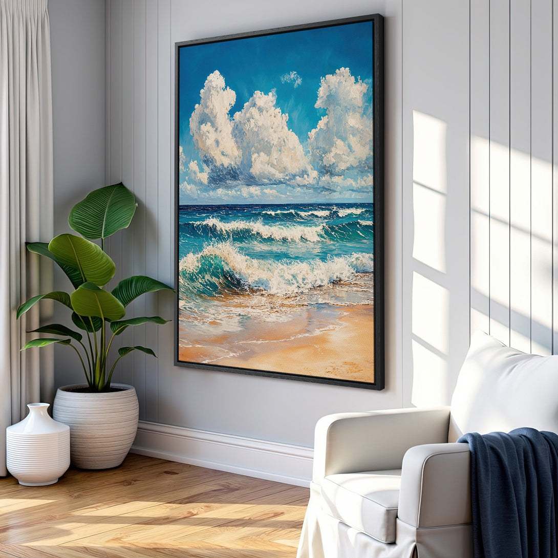 Framed Wall Art: Coastal scene Canvas Print with blue, white, and beige hues. Impressionist style ocean waves and sky art for a calming interior.