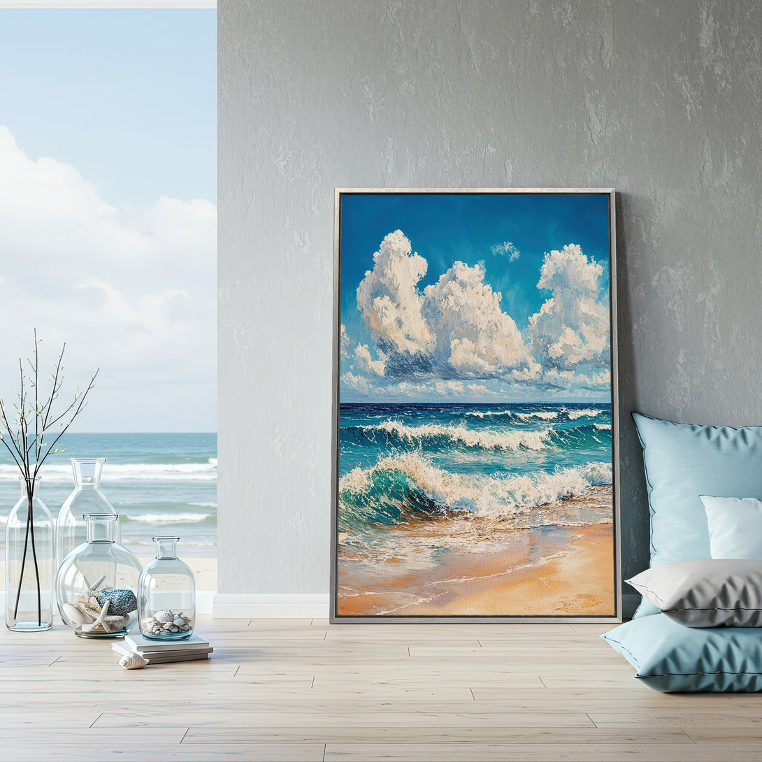 Framed Wall Art: Coastal scene Canvas Print. Blue, white, and tan color palette. Perfect for beach house decor.