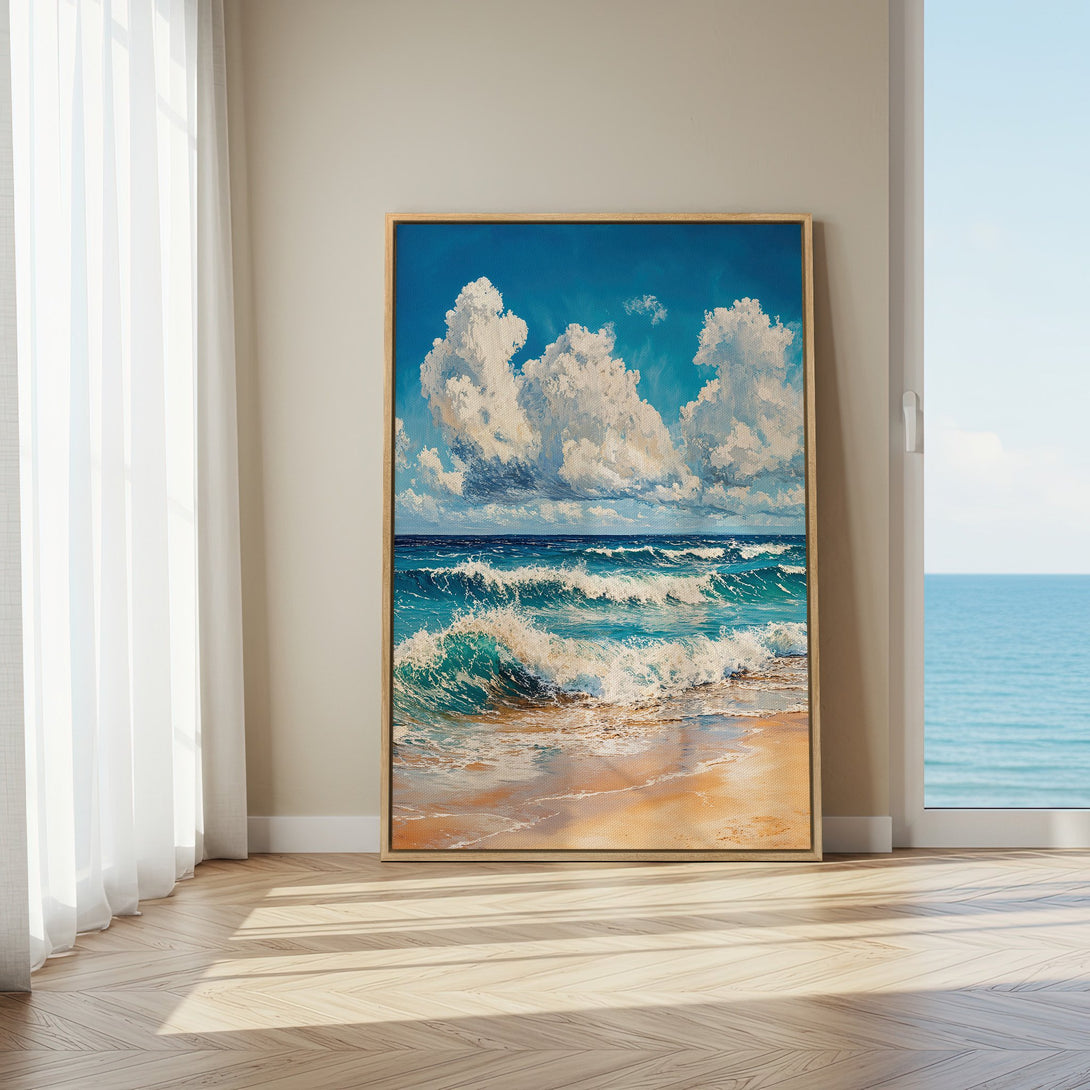 Framed Wall Art: Ocean waves painting in blue and white tones. Coastal art canvas print adds a serene touch to any interior.