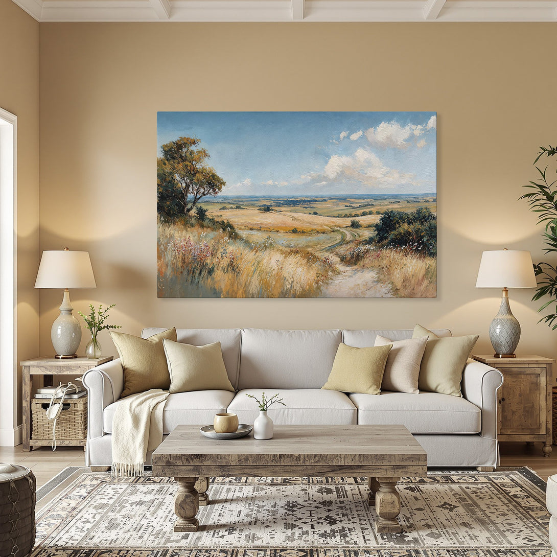 Framed Wall Art: Landscape painting with warm, earthy tones. Rustic style canvas print featuring a serene countryside scene, perfect for home decor.