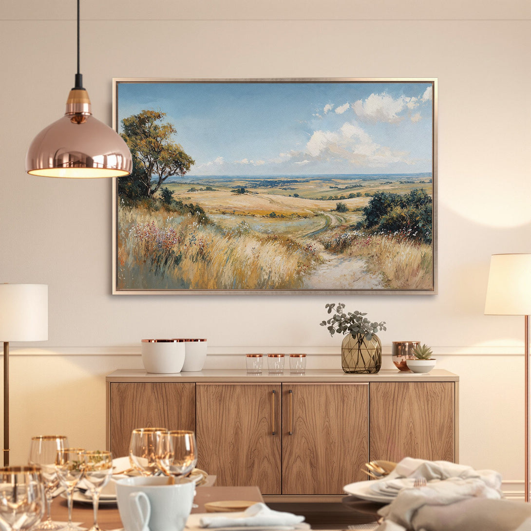 Framed Wall Art: Landscape painting with warm, earthy tones. Adds a touch of nature and elegance to any dining room.