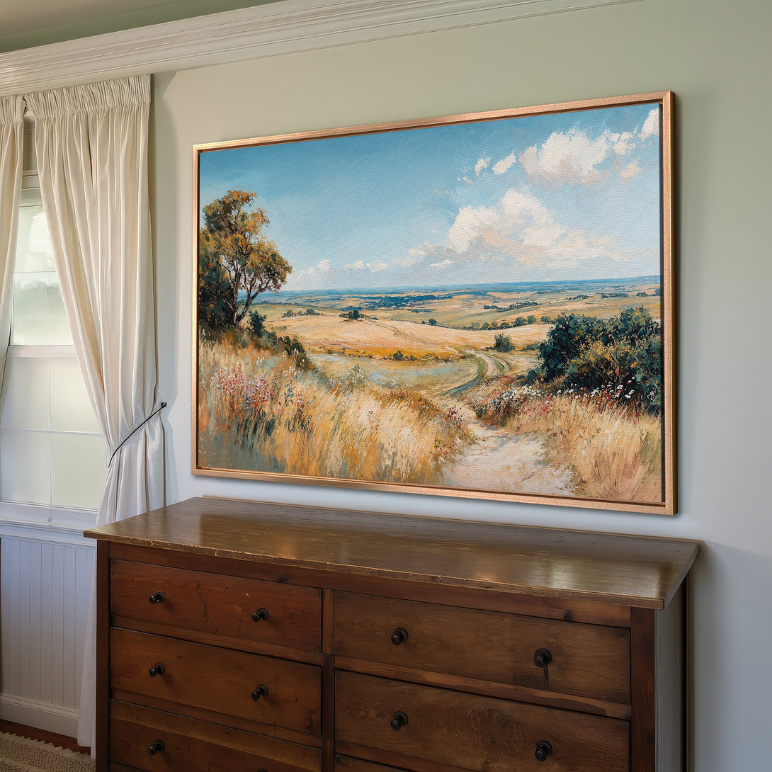 Framed Wall Art: Landscape Canvas Print with a warm, inviting palette of gold, blue, and green. Perfect for adding rustic charm to your home decor.