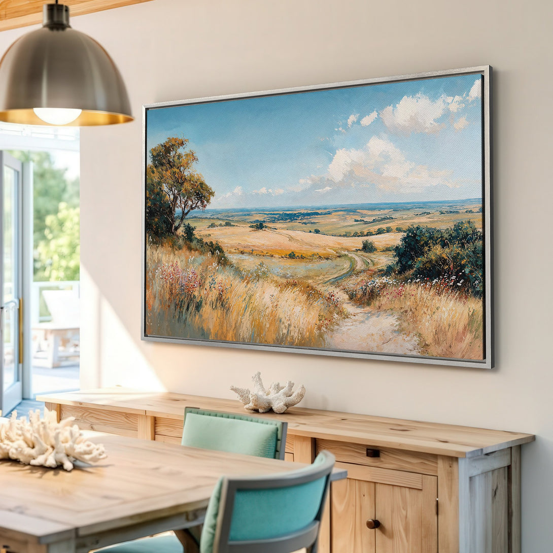Framed Wall Art: Landscape Canvas Print with warm, earthy tones. Features a serene countryside scene in a classic, impressionistic style. Perfect for adding a touch of nature.