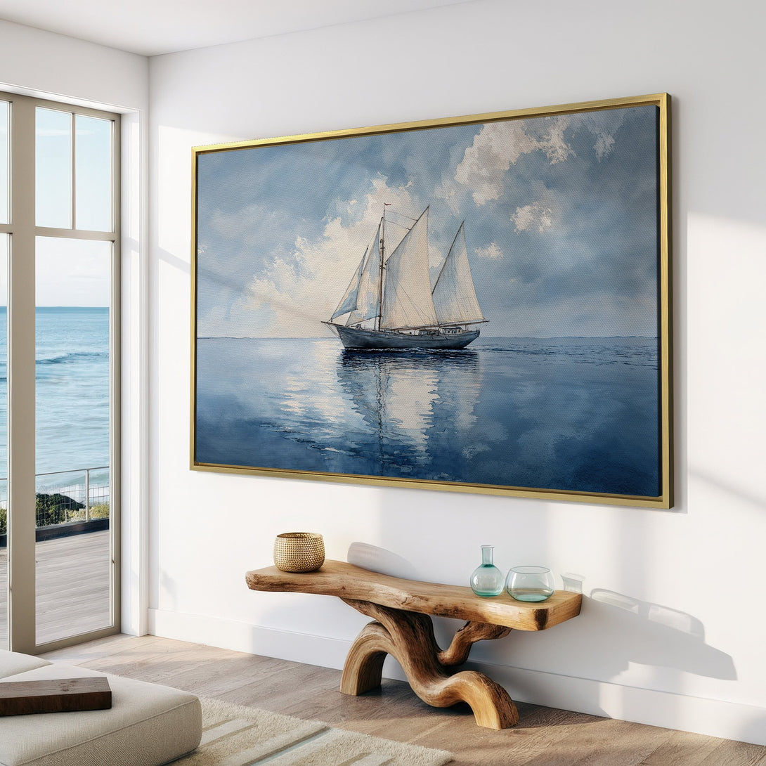 Canvas Print of a sailboat on the sea, perfect for coastal decor. Features a serene watercolor style with a calming blue and white color palette.