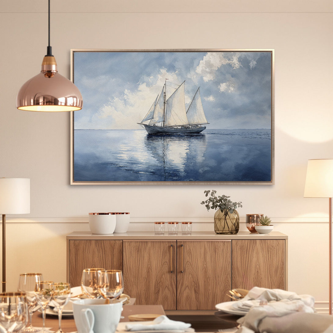 Framed Wall Art: Serene sailboat art in blue and white. Coastal style Canvas Print adds elegance to any room. Shop now for nautical decor!