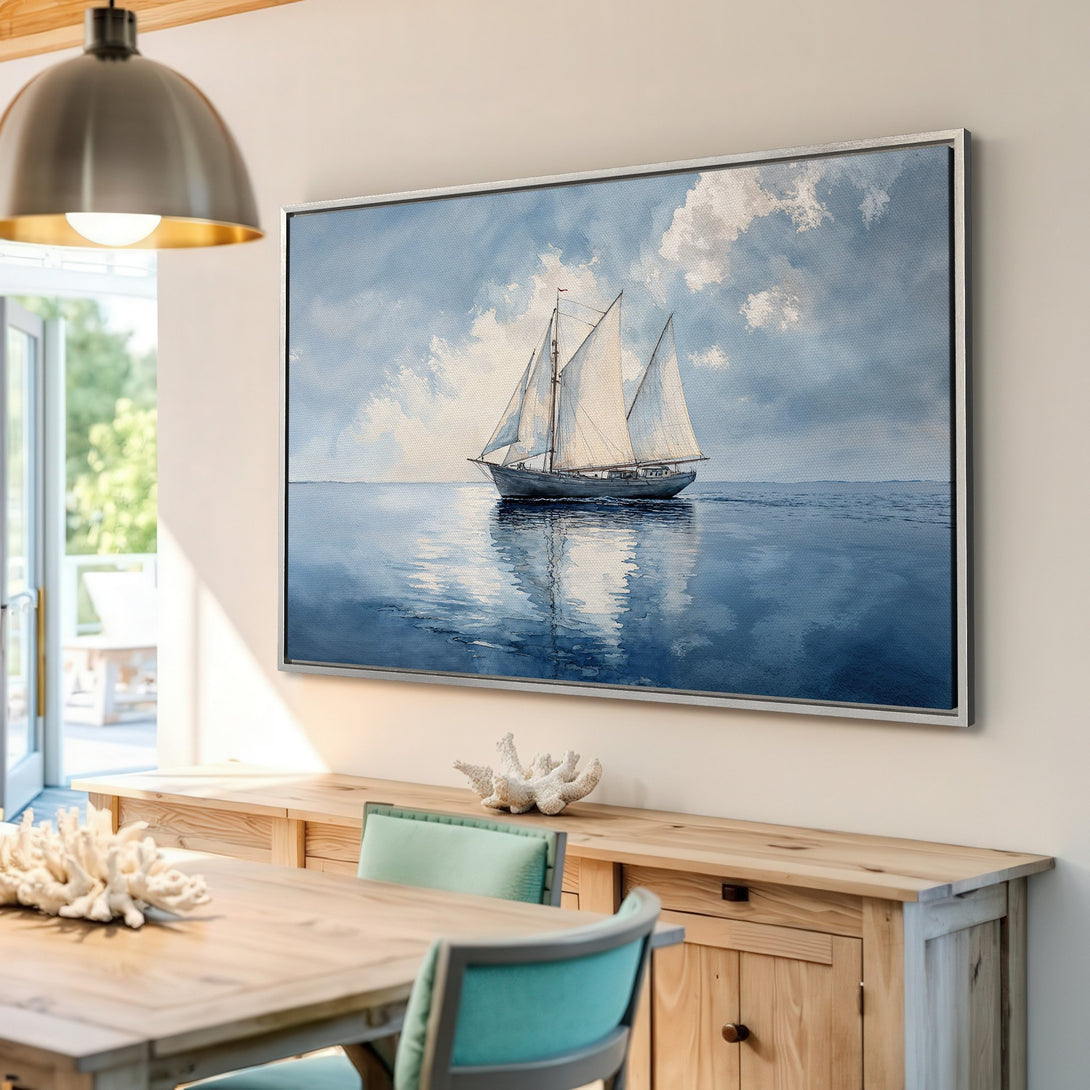 Framed Wall Art: Sailboat Canvas Print in blue and white, coastal style, perfect for living room or dining room decor.