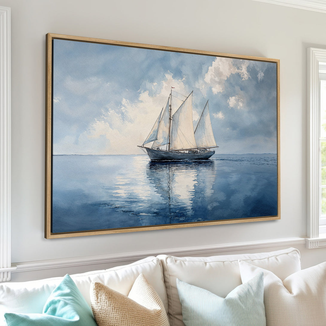 Framed Wall Art: Watercolor sailboat art in serene blue and white tones. Coastal decor for a calming living room. Elevate your space with this nautical Canvas Print!