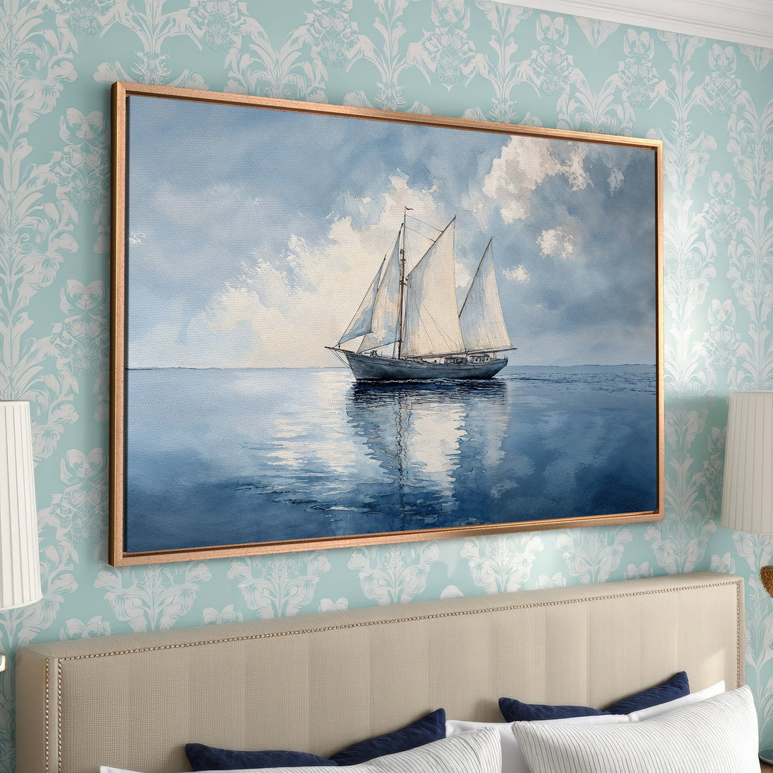 Framed Wall Art: Watercolor sailboat painting in blue and white. Coastal decor with a serene, nautical vibe. Perfect for bedroom or living room.