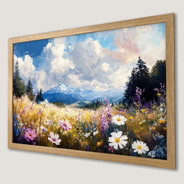 Framed Poster of a vibrant landscape painting with wildflowers, mountains, and sky. Impressionistic style, colorful palette.