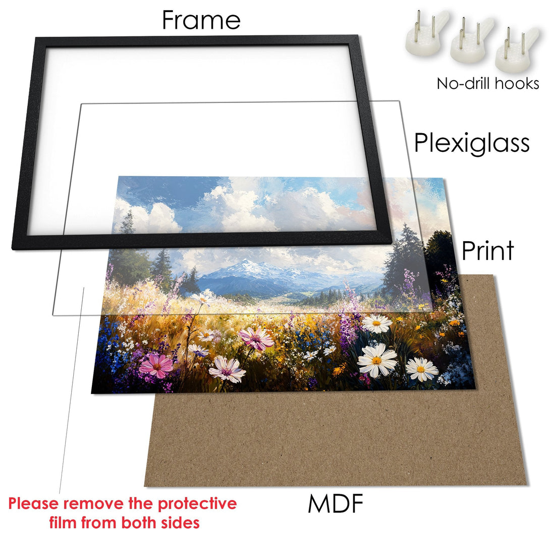 Framed Poster featuring a vibrant meadow scene with a mountain backdrop. Impressionistic style, warm color palette. Perfect wall art!