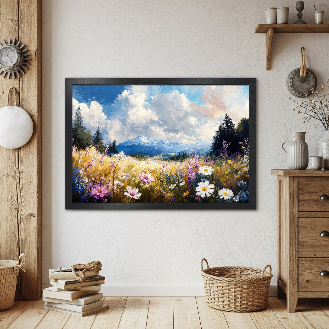 Framed Poster of a vibrant wildflower meadow and mountain scene, with a blue, yellow, and pink color palette. Bring nature indoors!