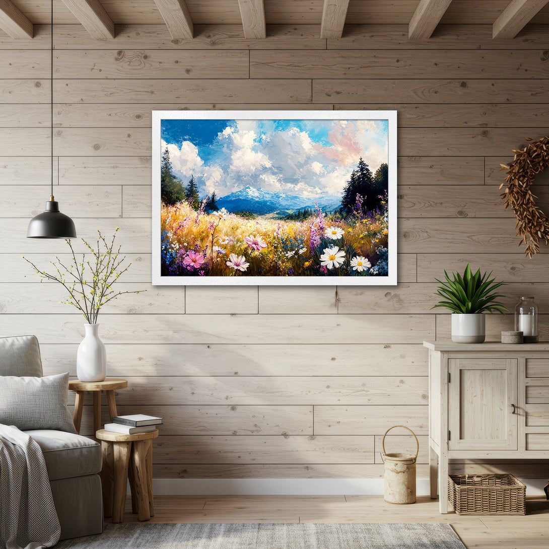 Framed Poster of a vibrant wildflower meadow in a painterly style, with a blue, pink, and yellow color palette. Perfect wall art!