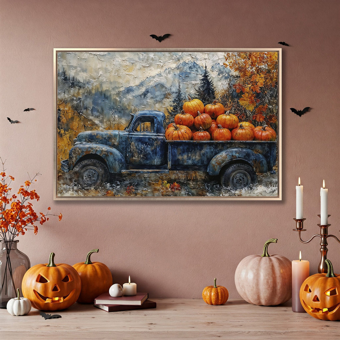Framed Wall Art: Rustic painting of a blue truck filled with pumpkins. Autumnal color palette, perfect for fall decor. Shop now!