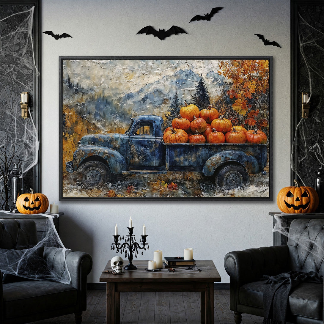 Framed Wall Art: Rustic blue truck filled with pumpkins, fall landscape art in warm orange, gold, and blue tones. Perfect Halloween decor.