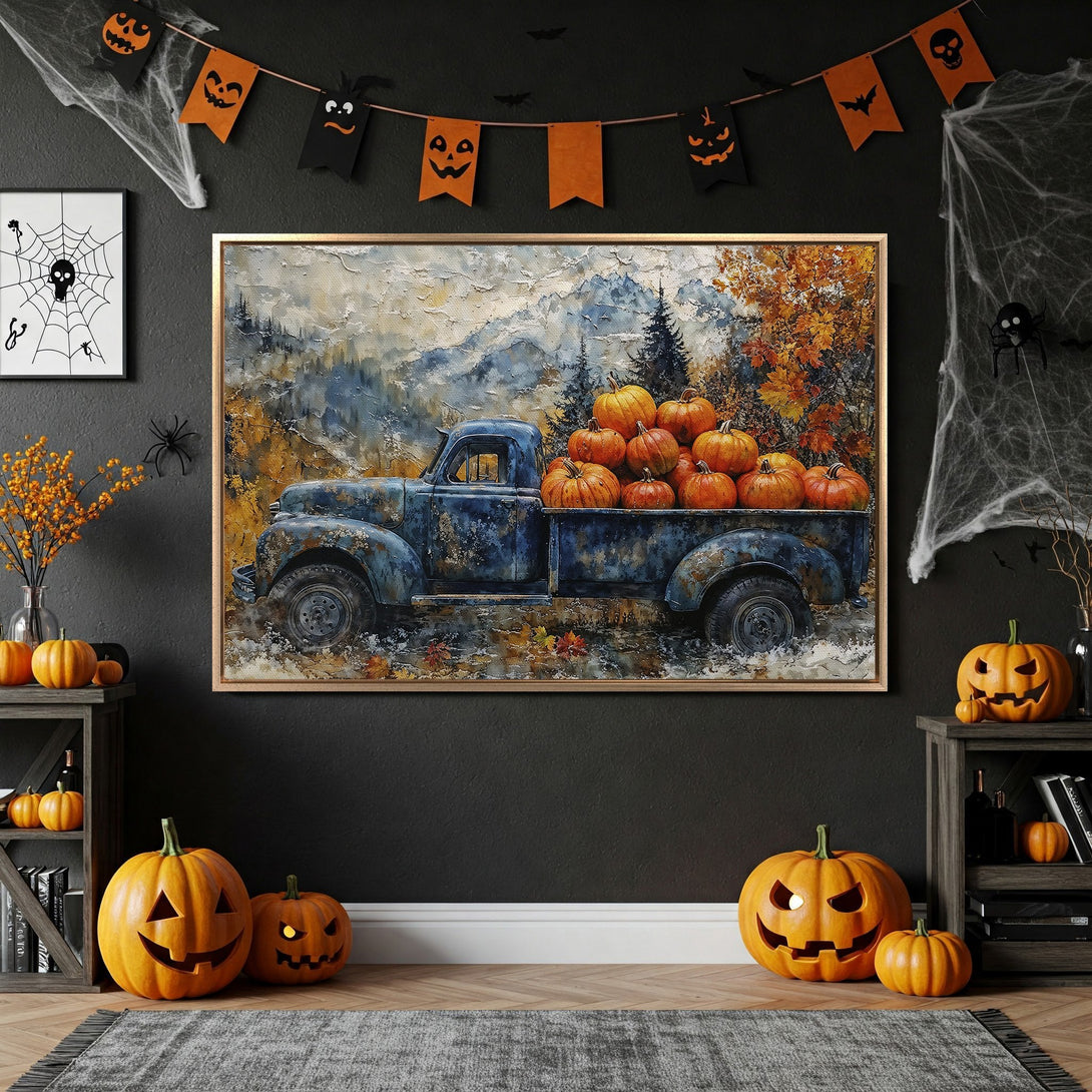 Framed Wall Art: Rustic truck filled with pumpkins, autumn colors. Perfect for Halloween decor. Warm, inviting palette. Add a touch of fall to your home!