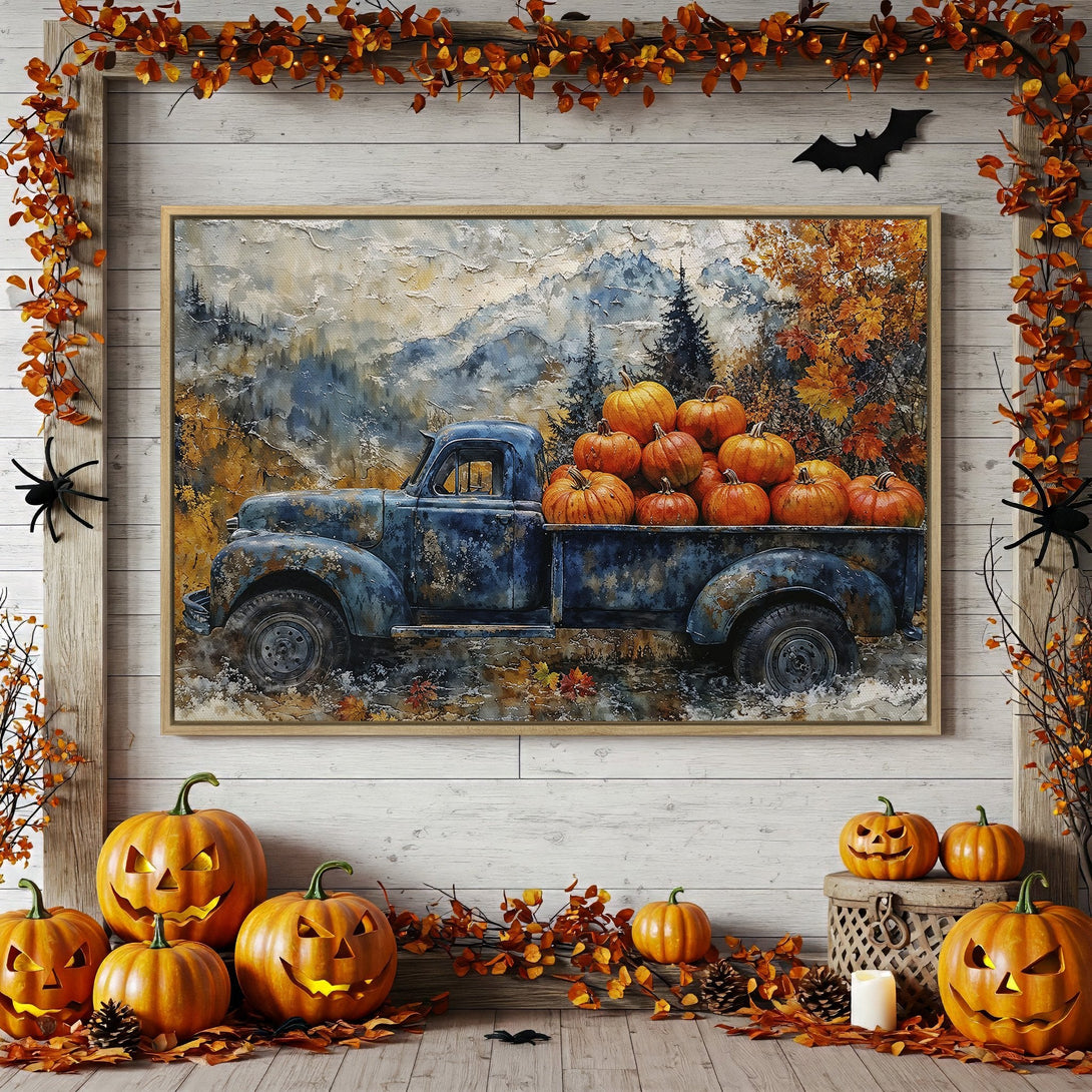 Framed Wall Art: Rustic fall scene with a vintage truck filled with pumpkins, in a warm orange, blue, and yellow color palette. Perfect Halloween decor!