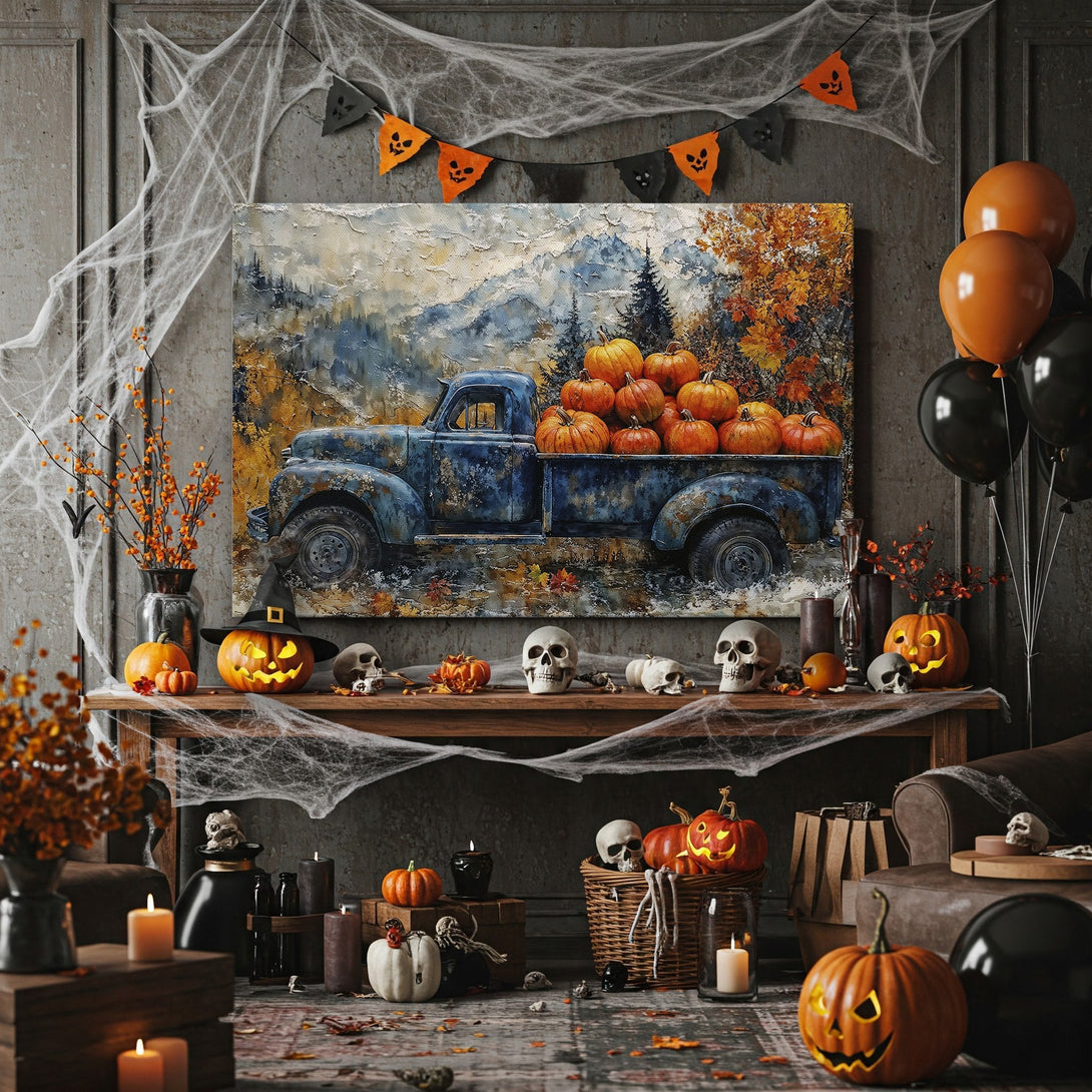 Framed Wall Art: Rustic truck with pumpkins in autumn colors. Perfect Halloween decor! Warm orange, blue, and gold palette. Add fall charm to your home.