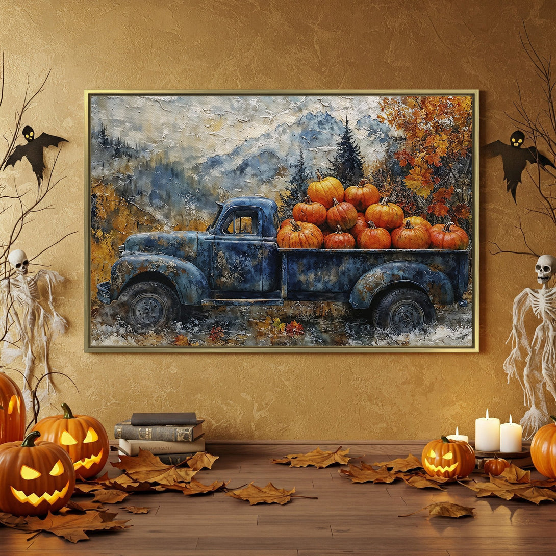Canvas Print featuring a vintage truck with pumpkins, autumn landscape art. Warm orange, blue, and brown color palette, perfect for Halloween decor.