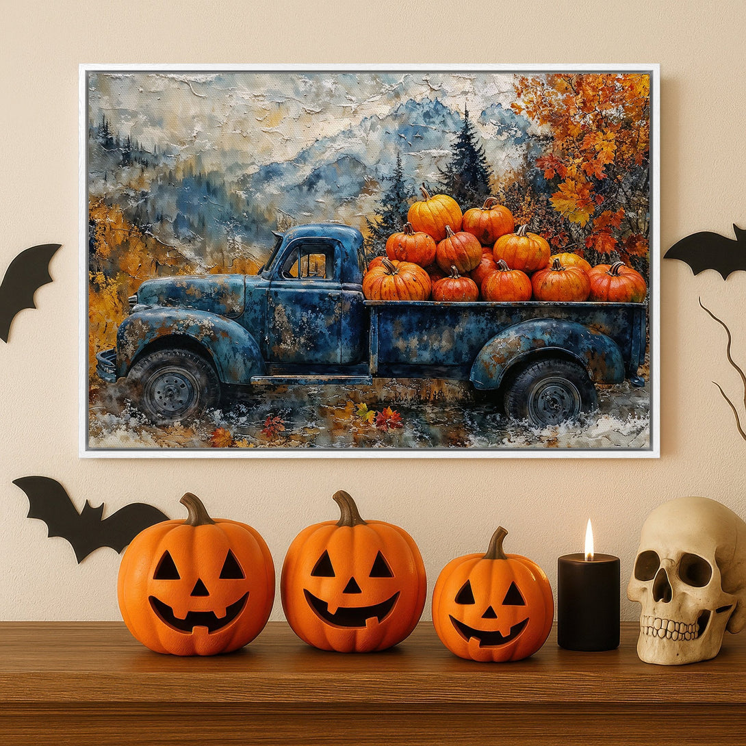Framed Wall Art: Rustic truck overflowing with pumpkins, autumn landscape. Warm orange, blue, and yellow palette. Perfect fall decor.