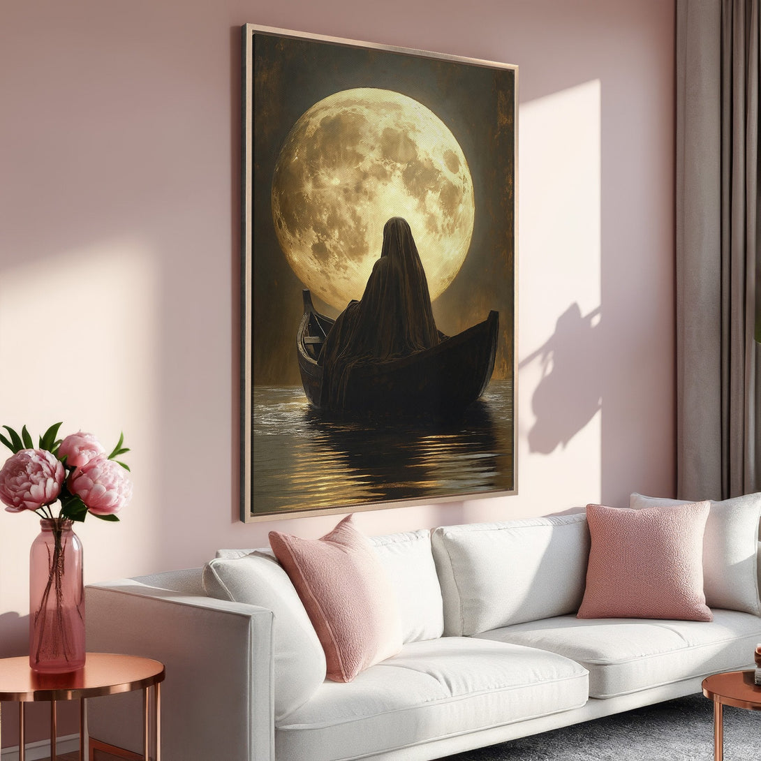 Framed Wall Art featuring a mystical figure in a boat under a full moon. Moody, artistic style with a warm, neutral color palette. Perfect for adding a touch of mystery.