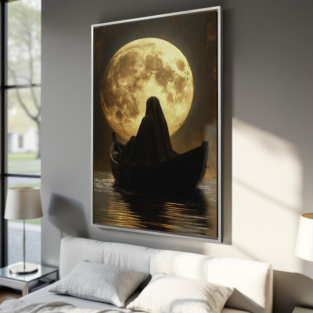 Framed Wall Art: Mystical scene of figure in boat under a golden moon. Dark, moody art with warm tones. Perfect for adding drama to your space.