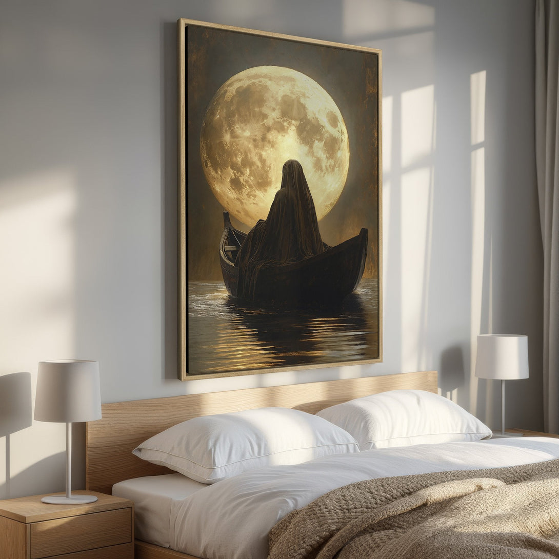 Framed Wall Art: Mystical moonlit scene. Dark figure in a boat against a giant moon. Earthy tones, perfect for bedroom decor. Add a touch of mystery to your space!