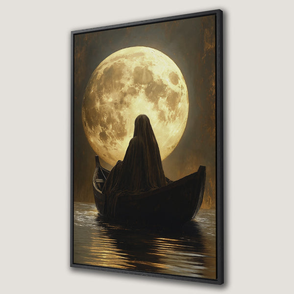 Framed Wall Art: Mystical artwork of figure in boat under a full moon. Atmospheric, dark, and moody canvas print with gold and black tones. Perfect for home decor.