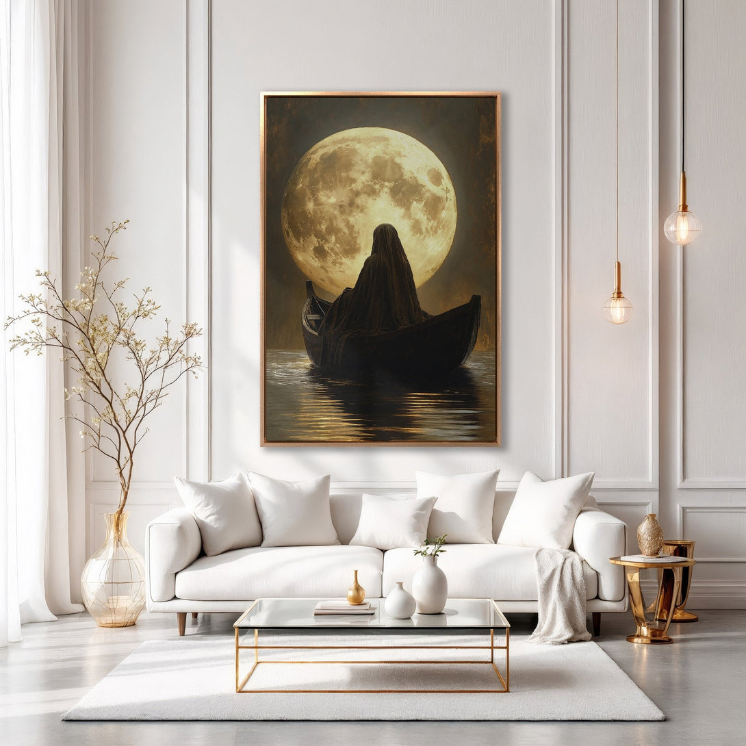 Framed Wall Art: Moody moonlit boat scene in gold and black, displayed in a modern white interior. Elevate your space with this captivating canvas print.