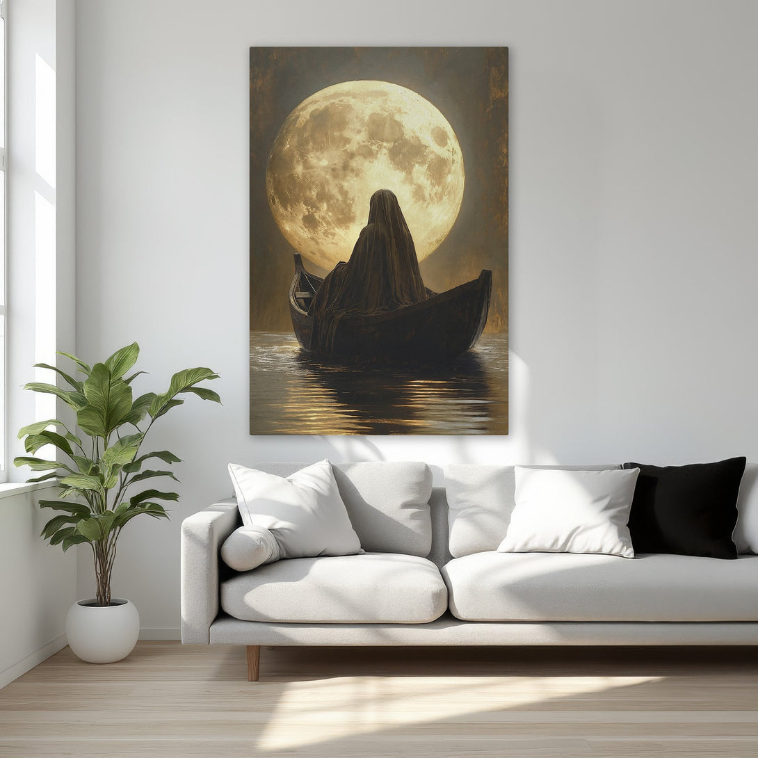 Framed Wall Art: Mystical moonlit scene. Dark figure in boat against a golden moon. Moody, dramatic art with warm, earthy tones. Perfect for bedroom decor.