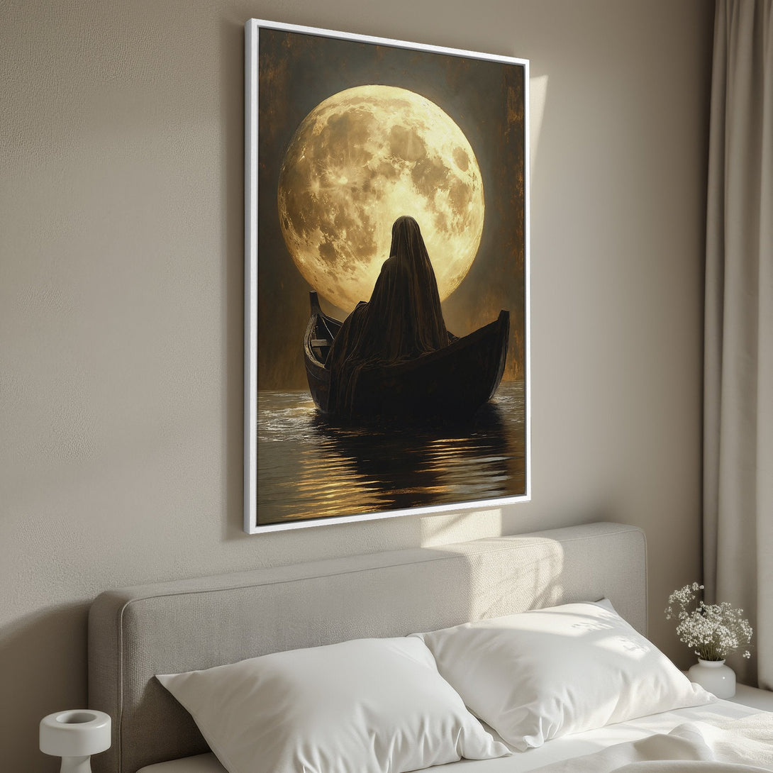 Framed Wall Art: Eerie moonlit scene with a figure in a boat. Dark, dramatic art with a golden and black color palette. Perfect for adding a touch of mystery.