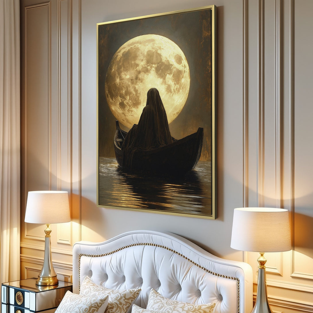 Canvas Print of a mysterious figure in a boat against a giant moon. Moody art in muted gold and black tones. Perfect wall decor.