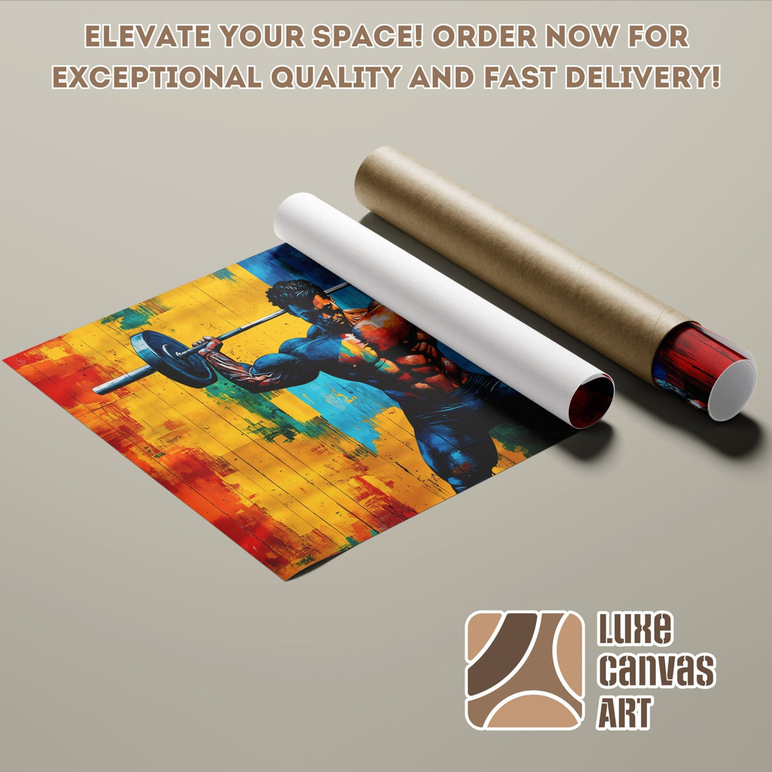 Poster Roll featuring a muscular man lifting weights, vibrant abstract art with yellow, blue, and red color palette. Order now!