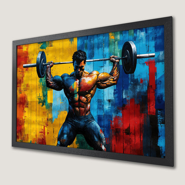 Framed Poster: Abstract art of weightlifter with vibrant yellow, blue, and red color palette. Perfect for gym or fitness decor.