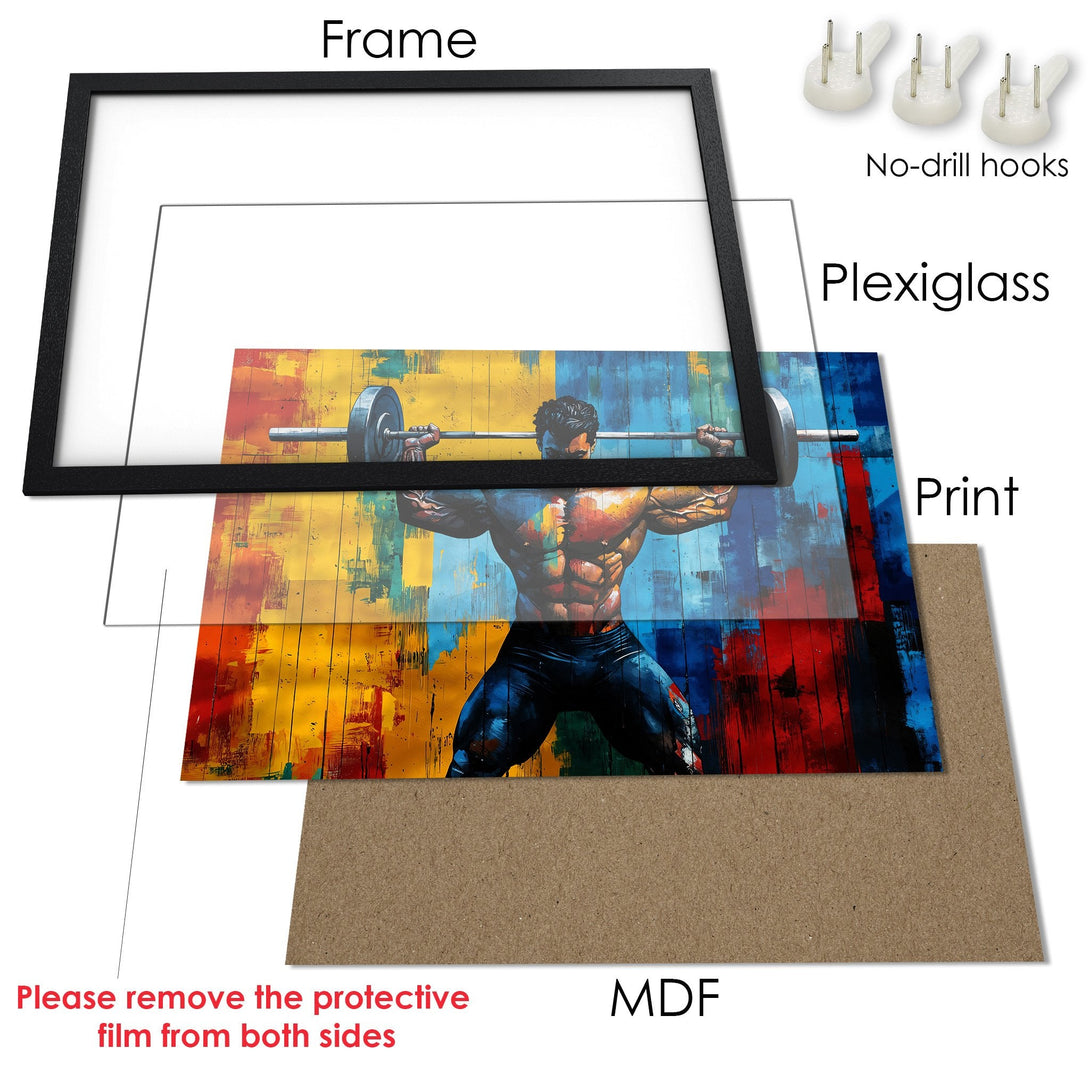Framed Poster featuring a muscular man lifting weights, vibrant abstract art style, with a colorful palette of yellow, blue, and red.