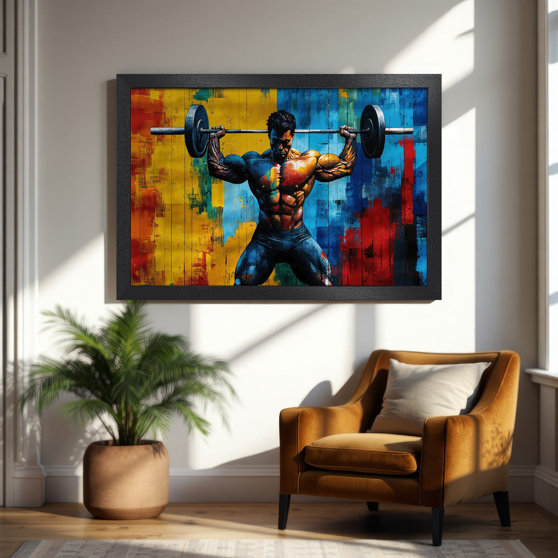 Framed Poster of a weightlifter in a colorful, abstract style. Vibrant yellow, blue, and red color palette. Perfect for gym decor!