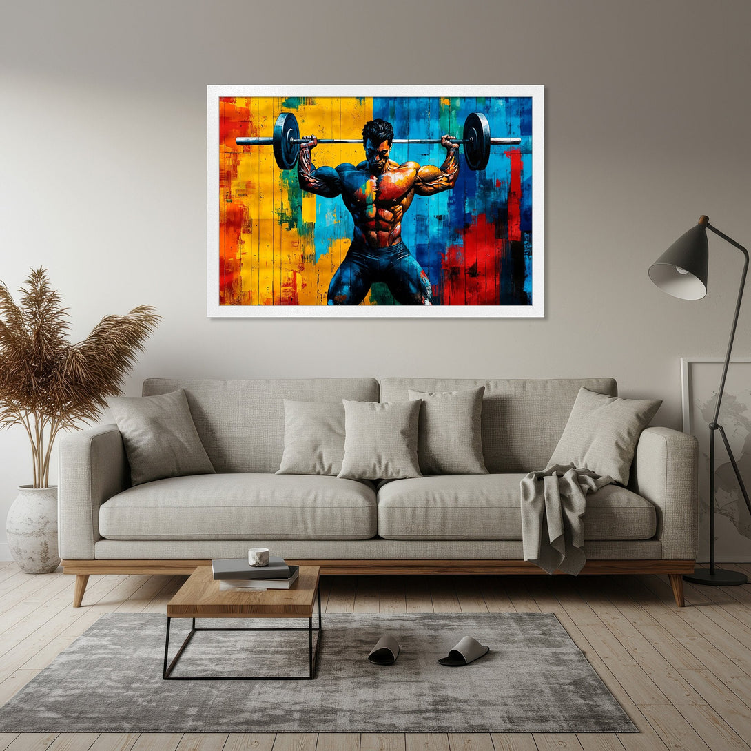 Framed Poster featuring a weightlifter with an abstract, colorful style. Vibrant palette of yellow, blue, and red. Perfect for your home gym!