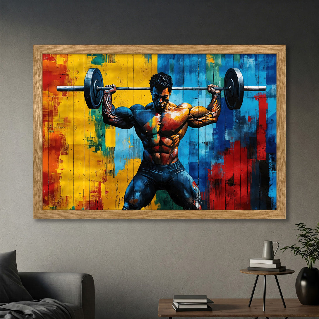 Framed Poster: Abstract art of a weightlifter with a colorful, vibrant palette. Perfect for gym decor!