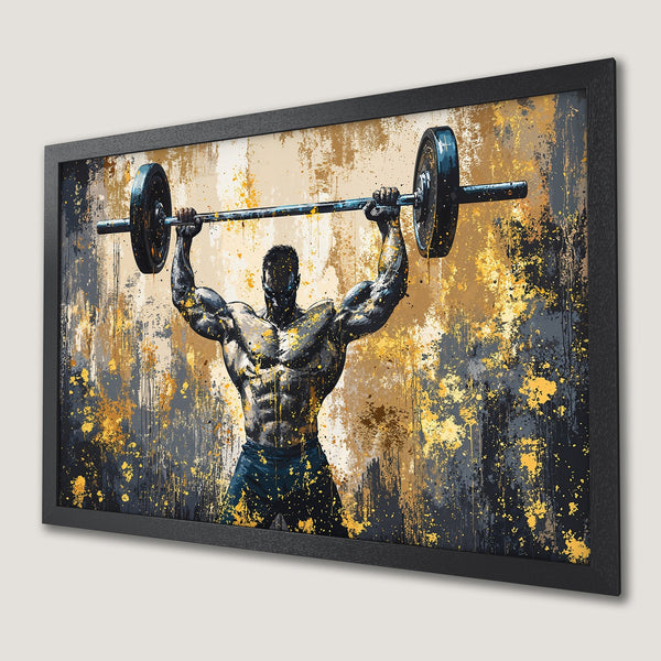 Framed Poster of weightlifter, abstract style with gold, black, and gray color palette. Perfect gym decor!