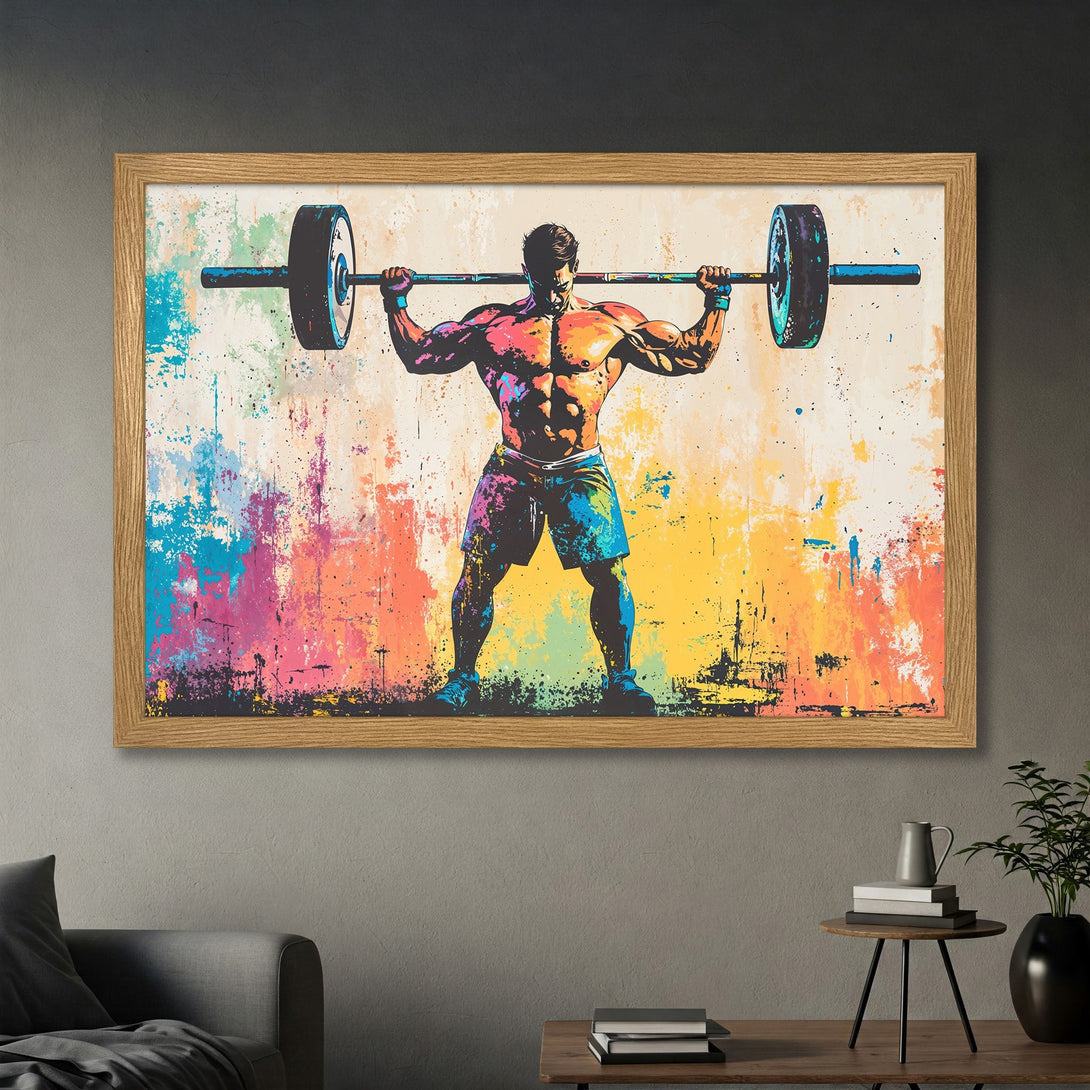 Framed Poster featuring a weightlifter in vibrant, colorful abstract style. Perfect gym decor!