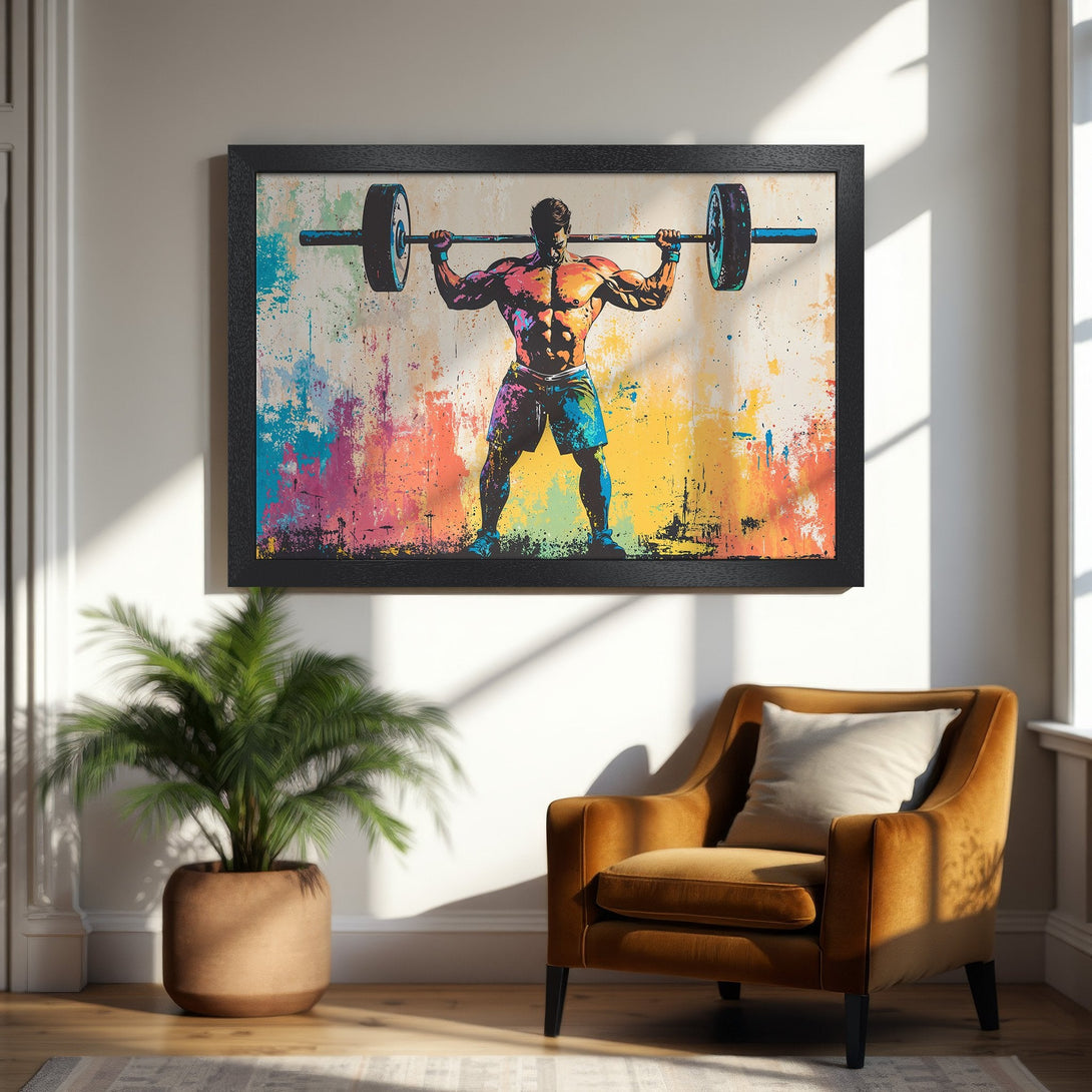 Framed Poster featuring a weightlifter in a colorful, abstract style. Vibrant, multi-color palette for a bold statement. Perfect gym decor!