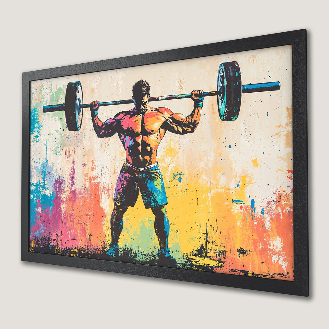 Framed Poster of weightlifter in vibrant, colorful abstract style. Perfect gym decor!