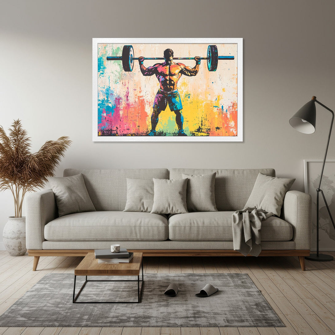 Framed Poster featuring a weightlifter in vibrant, abstract style with a colorful palette. Perfect for gym or home decor.