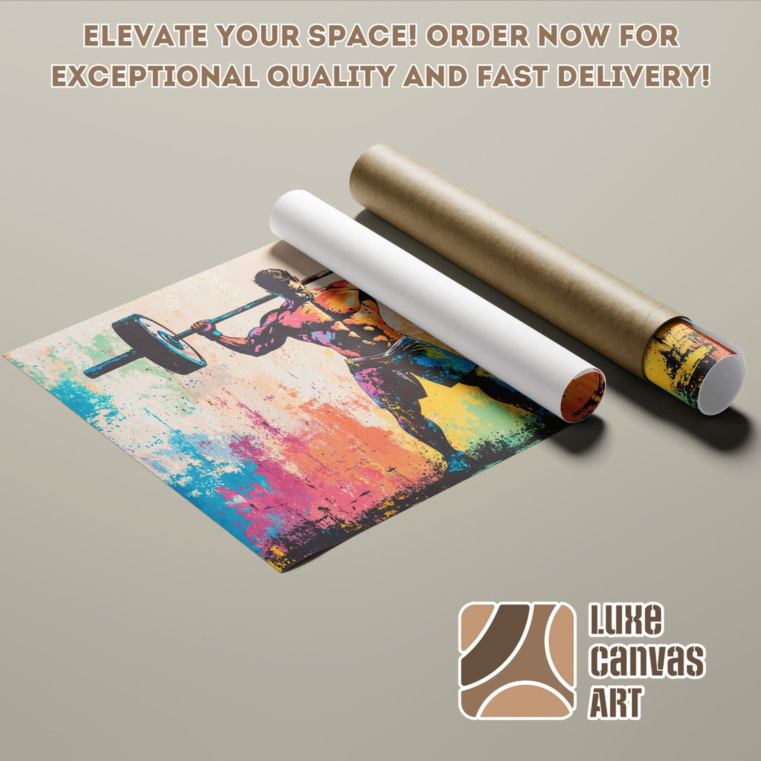 Poster Roll featuring a weightlifter in vibrant, colorful abstract art style. Order now!