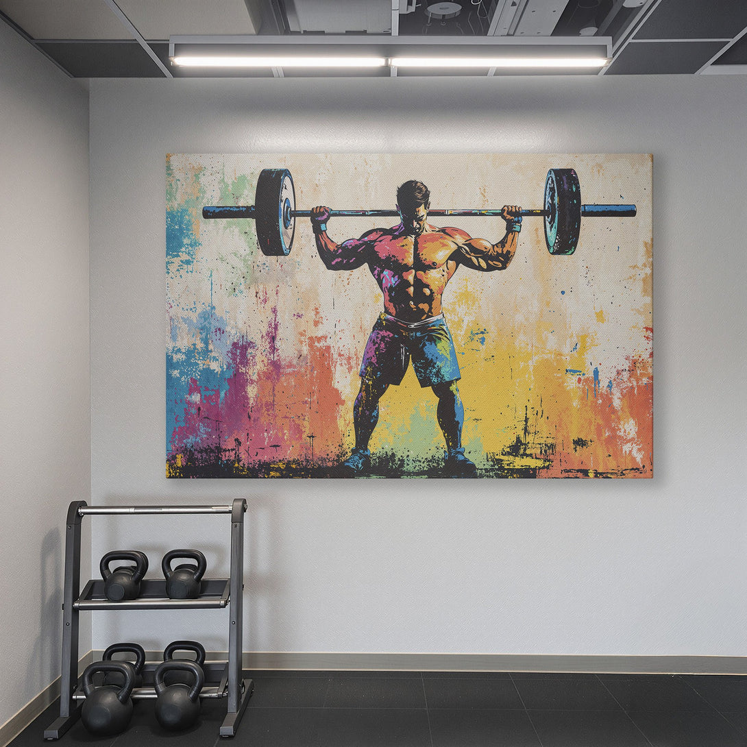 Framed Wall Art: Abstract weightlifter in vibrant colors. Perfect gym decor! Colorful canvas print with a gold frame, set against a teal wall.