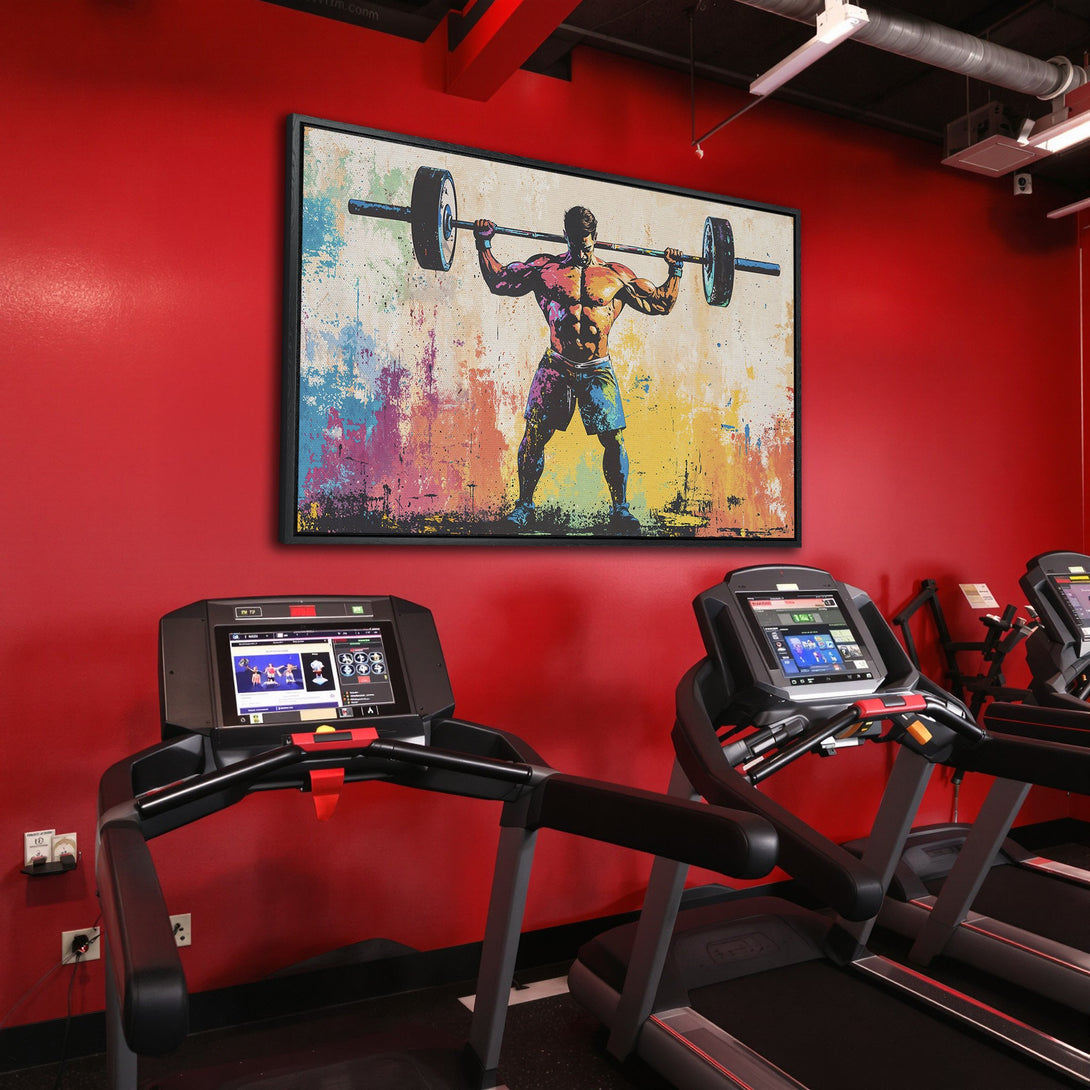 Framed Wall Art: Abstract weightlifter art with vibrant colors. Perfect for gym decor. Adds a pop of color to any space. Shop now!