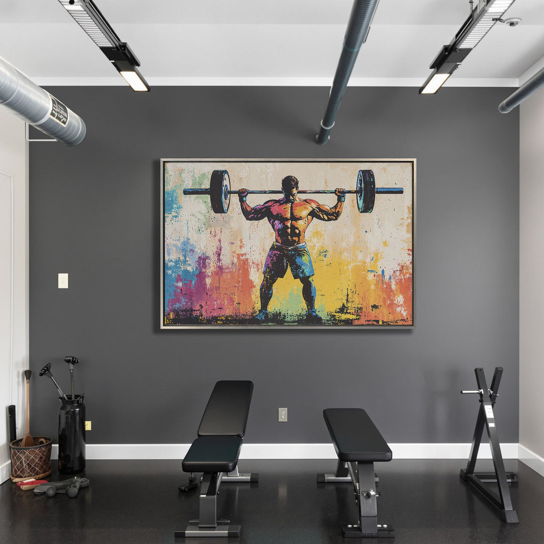 Framed Wall Art of a weightlifter with a colorful, abstract style. Perfect for a gym or home workout space. Vibrant, motivational art.