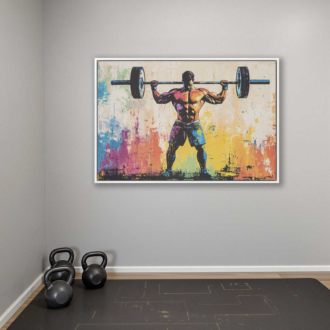 Framed Wall Art: Weightlifter Canvas Print with vibrant, colorful abstract background. Perfect gym decor! Enhance your space with this motivational art.