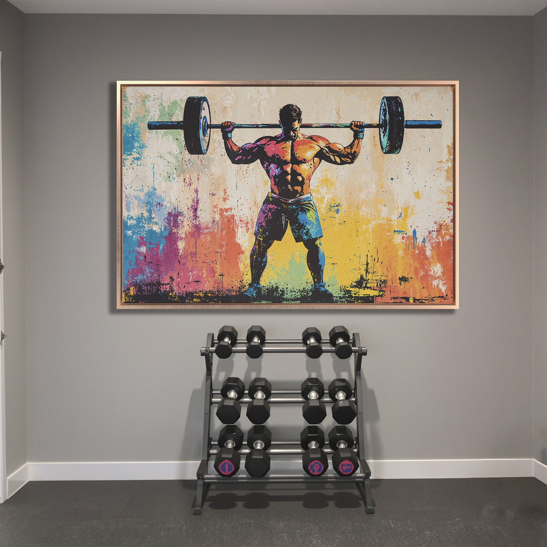 Framed Wall Art: Abstract art of a weightlifter with vibrant colors. Perfect for gym or home decor. Transform your space today!